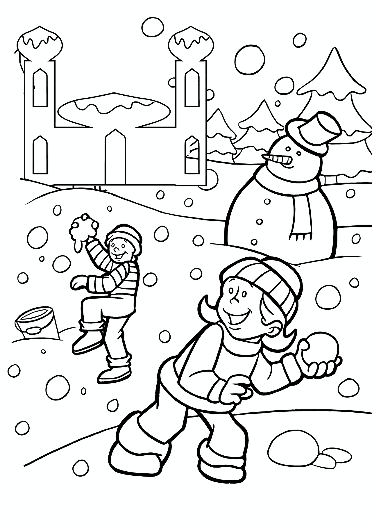 Winter Snowball Fight Coloring Page