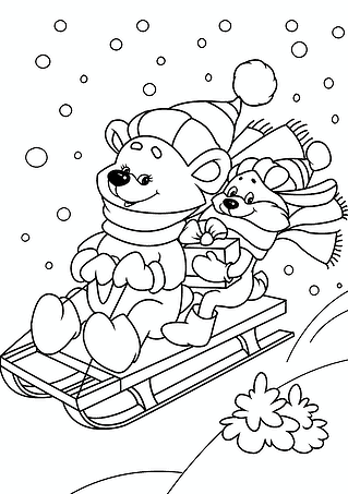 Winter: Bear and Fox on a Sled