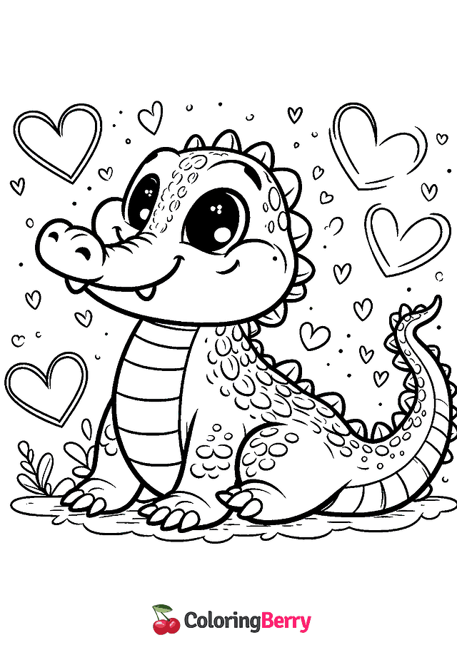 Valentine Crocodile Coloring Page