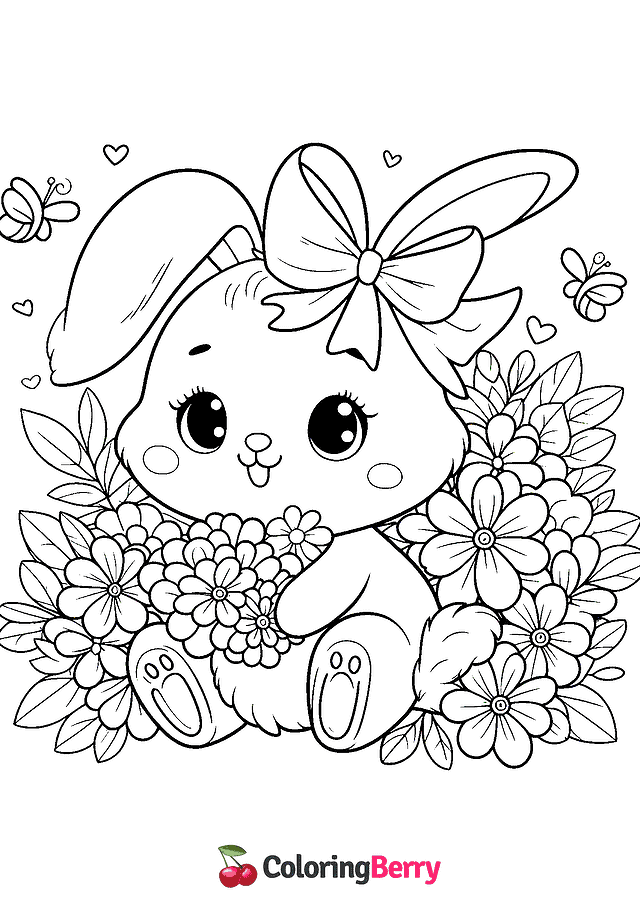 Bunny with Flowers Coloring Page