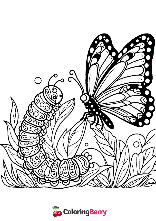 Butterfly and Caterpillar Coloring Page