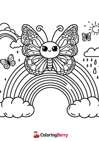 Butterfly and Rainbow Coloring Page