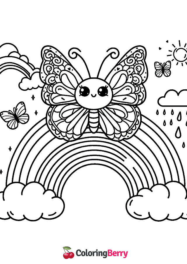 Butterfly and Rainbow Coloring Page