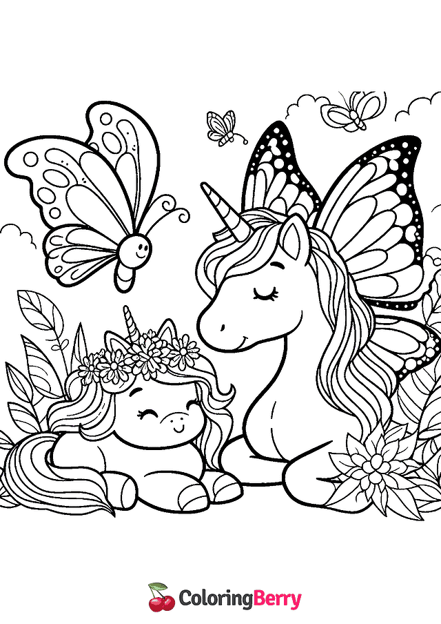 Butterfly and Unicorn Coloring Page