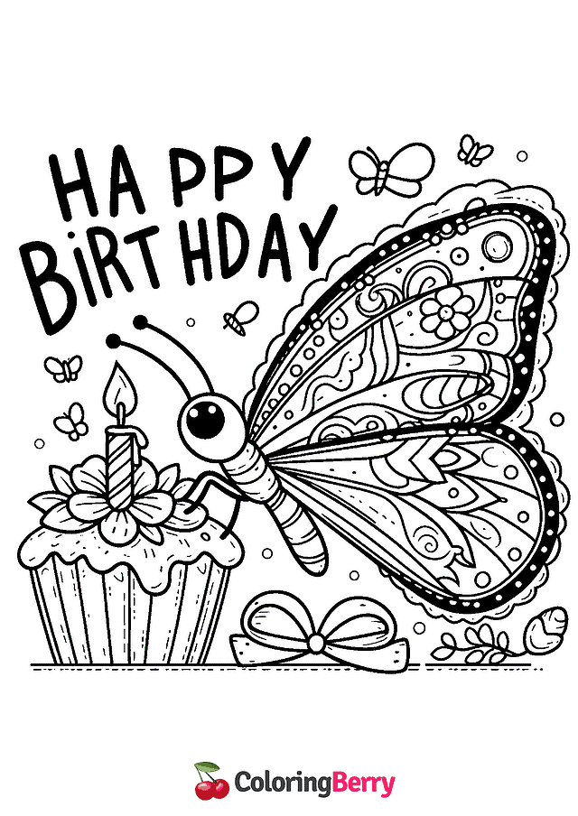 Butterfly Happy Birthday Coloring Page