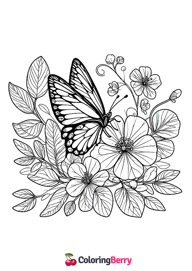 Butterfly with Flowers Coloring Page