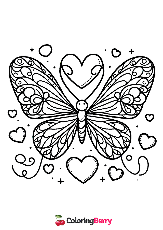 Butterfly with Hearts Coloring Page