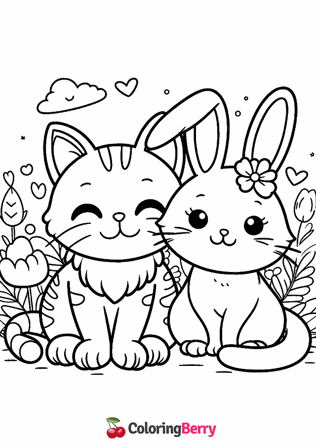 Cat and Bunny Coloring Page