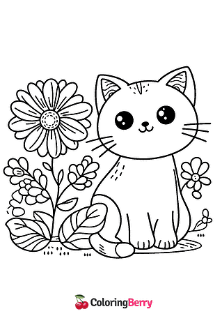 Cat and Flower Coloring Page