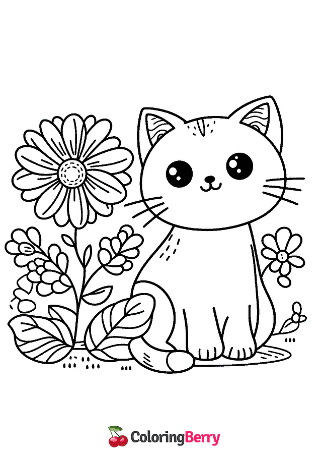 Cat and Flower Coloring Page