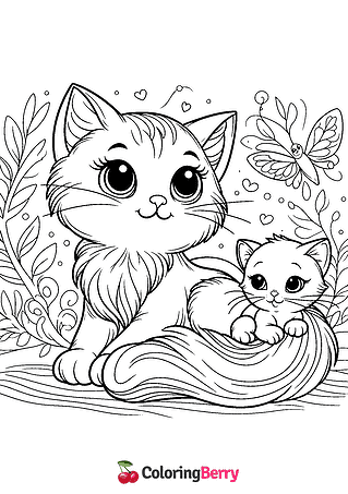 Cat and Kitten Coloring Page