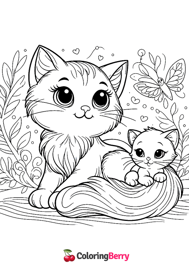 Cat and Kitten Coloring Page