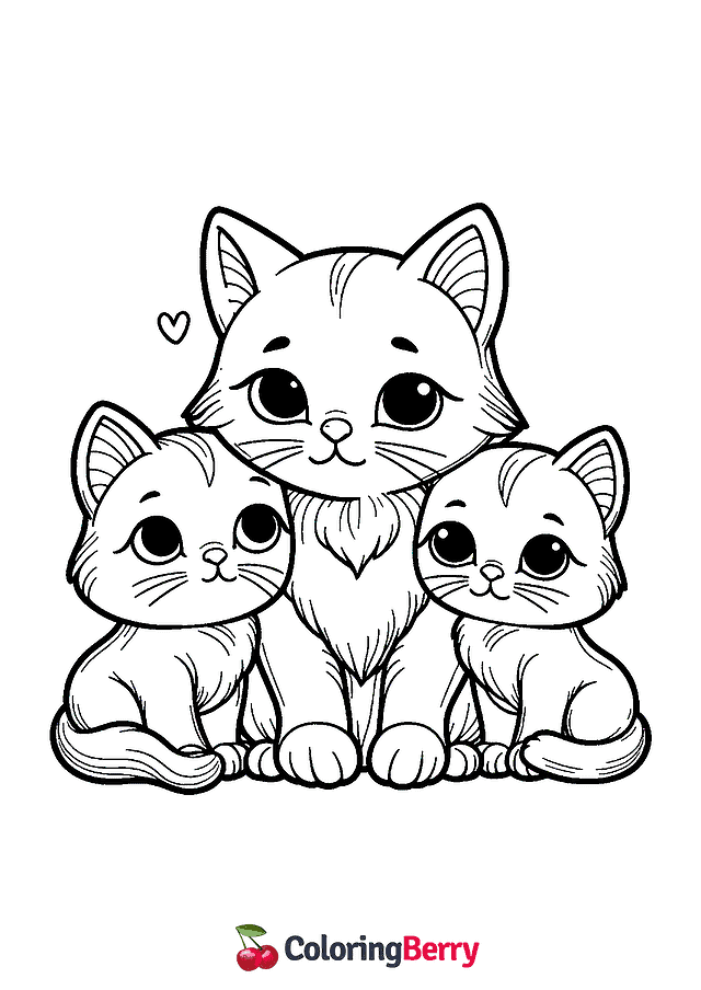 Cat and Kittens Coloring Page