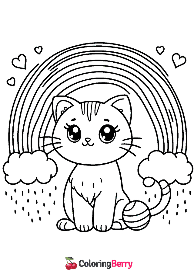 Cat and Rainbow Coloring Page