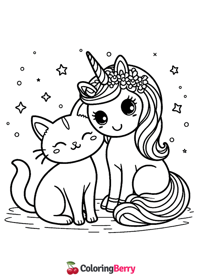 Cat and Unicorn Coloring Page