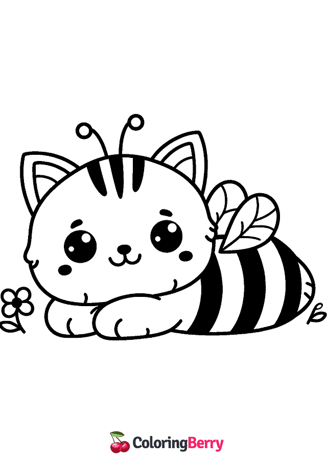 Cat Bee Coloring Page