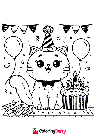 Cat Birthday Coloring Page