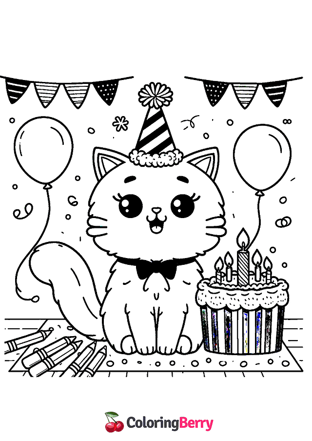 Cat Birthday Coloring Page