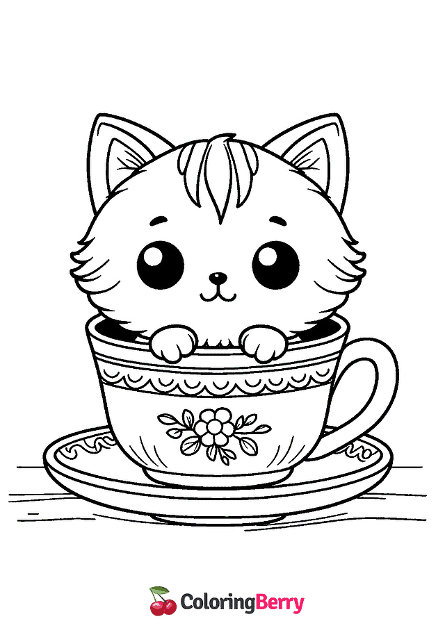 Cat in a Cup Coloring Page