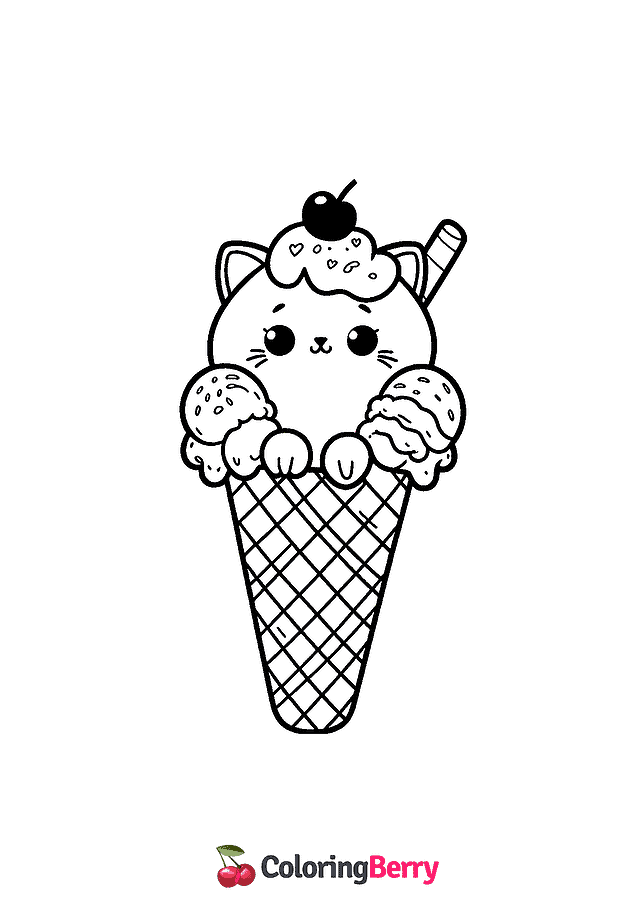 Cat in Ice Cream Cone Coloring Page