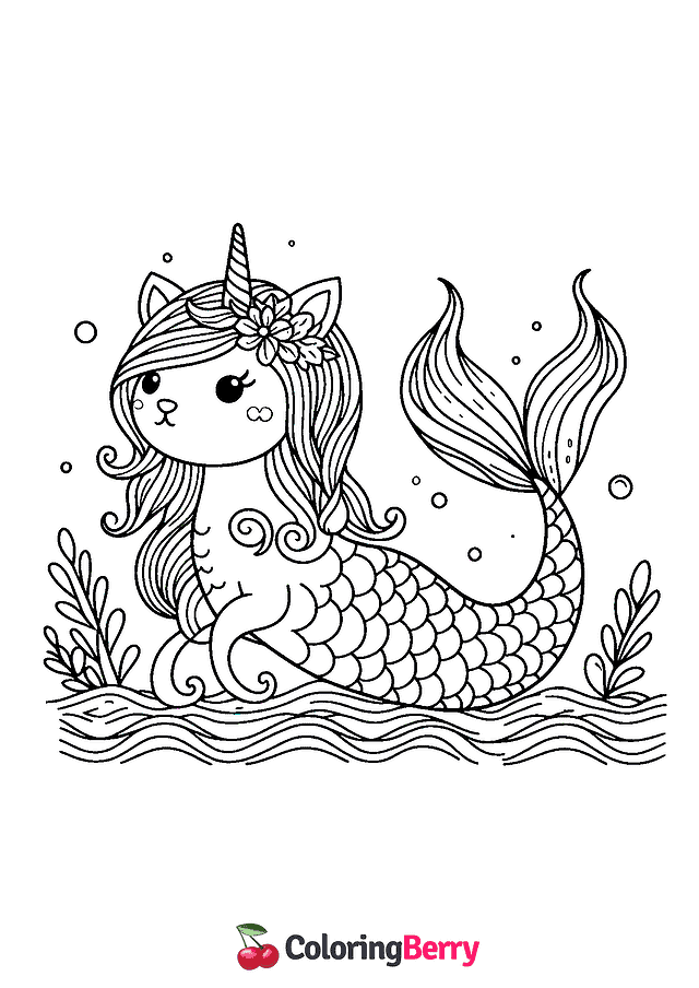 Cat Unicorn Mermaid Coloring Page