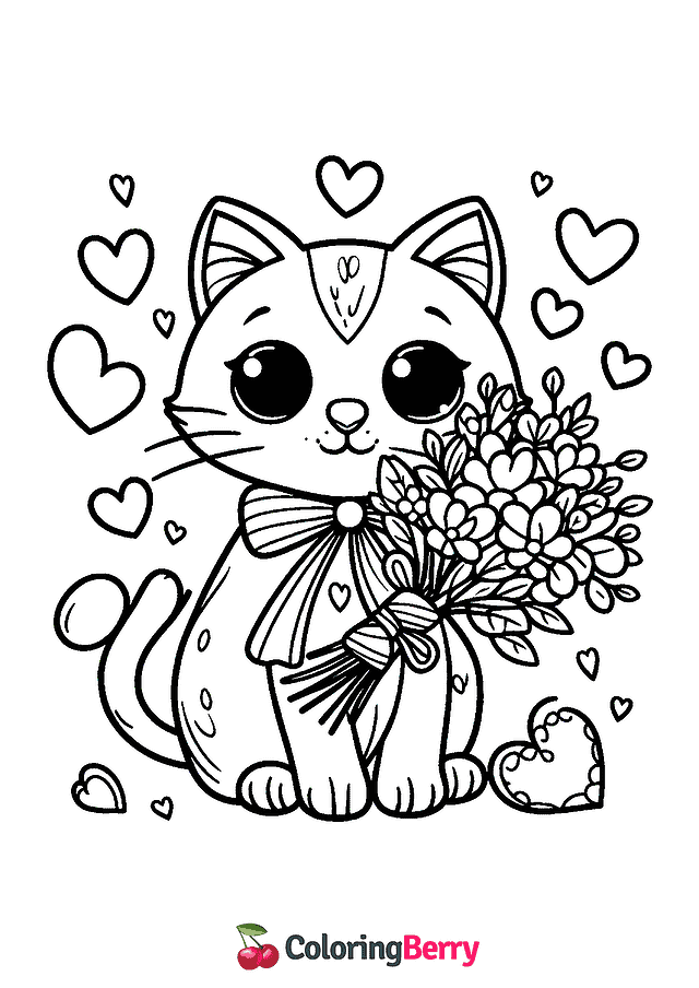 Cat Valentines Day Coloring Page