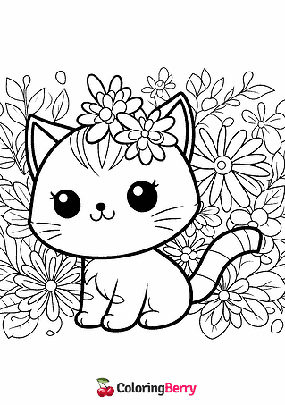 Cat with Flowers Coloring Page