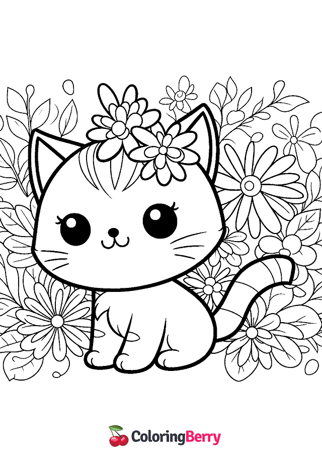 Cat with Flowers Coloring Page