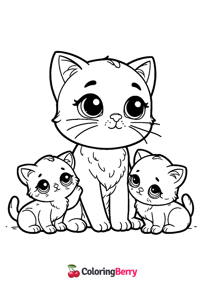 Cat with Kittens Coloring Page