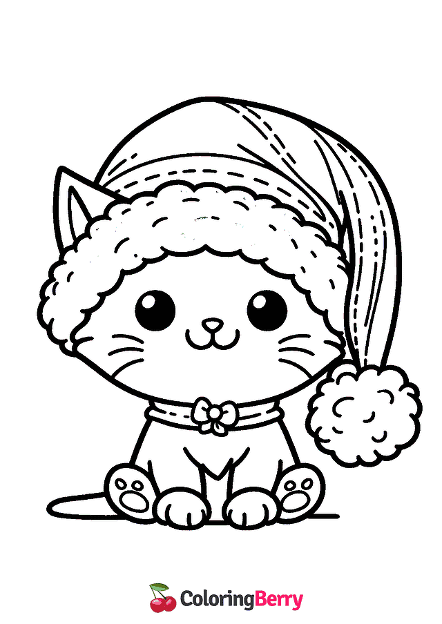 Cat with Santa Hat Coloring Page