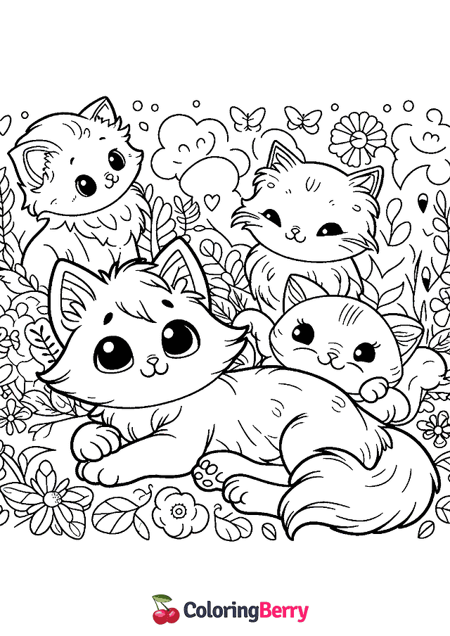 Cats and Kittens Coloring Page