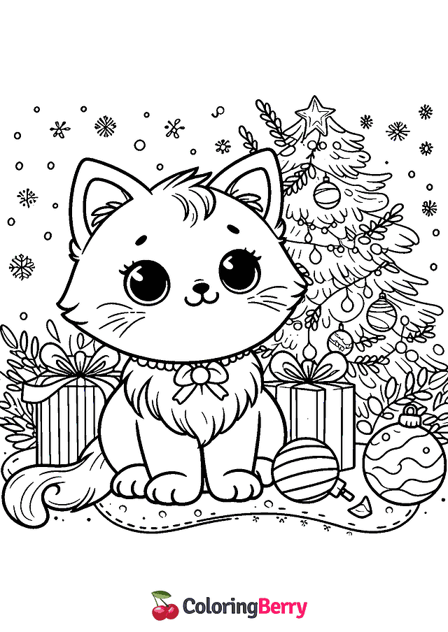 Christmas Cat Coloring Page