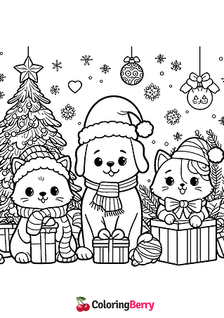 Christmas Cats and Dogs Coloring Page