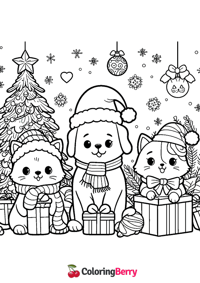 Christmas Cats and Dogs Coloring Page