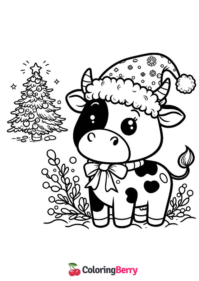 Christmas Cow Coloring Page