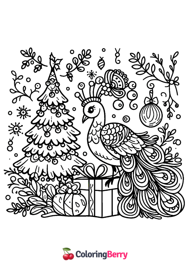 Christmas Peacock Coloring Page