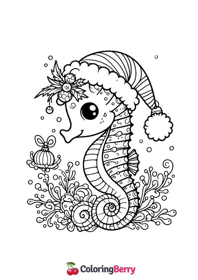 Christmas Seahorse Coloring Page