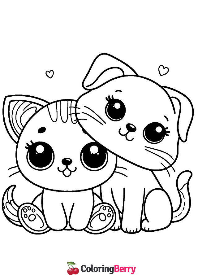 Cute Cat and Dog Coloring Page