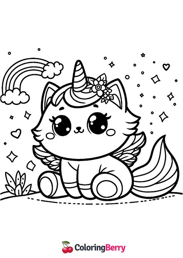 Cute Cat Unicorn Coloring Page