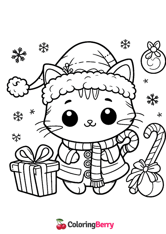 Cute Christmas Cat Coloring Page