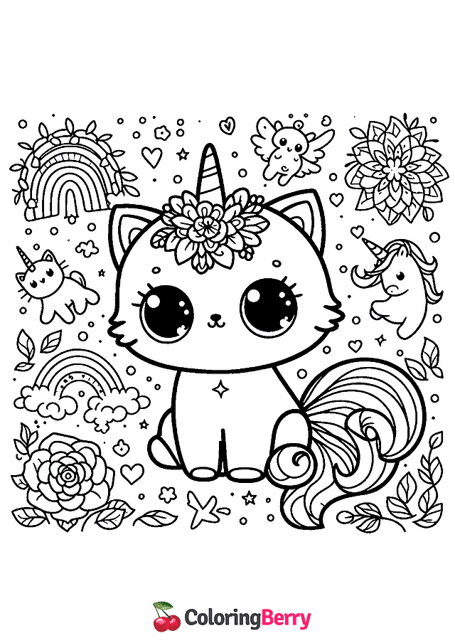 Cute Kitty Unicorn Coloring Page