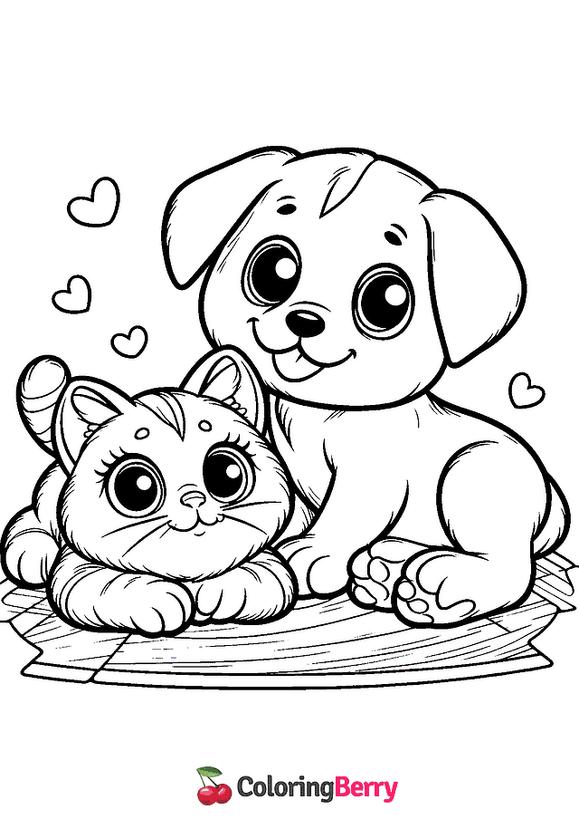 Cute Puppy and Kitten Coloring Page