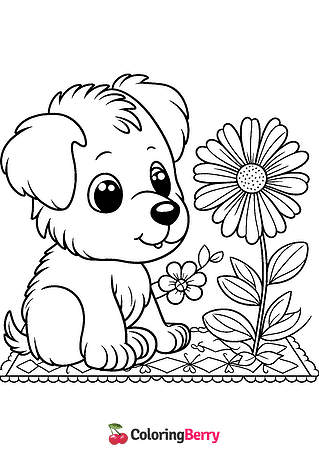 Dog and Flower Coloring Page