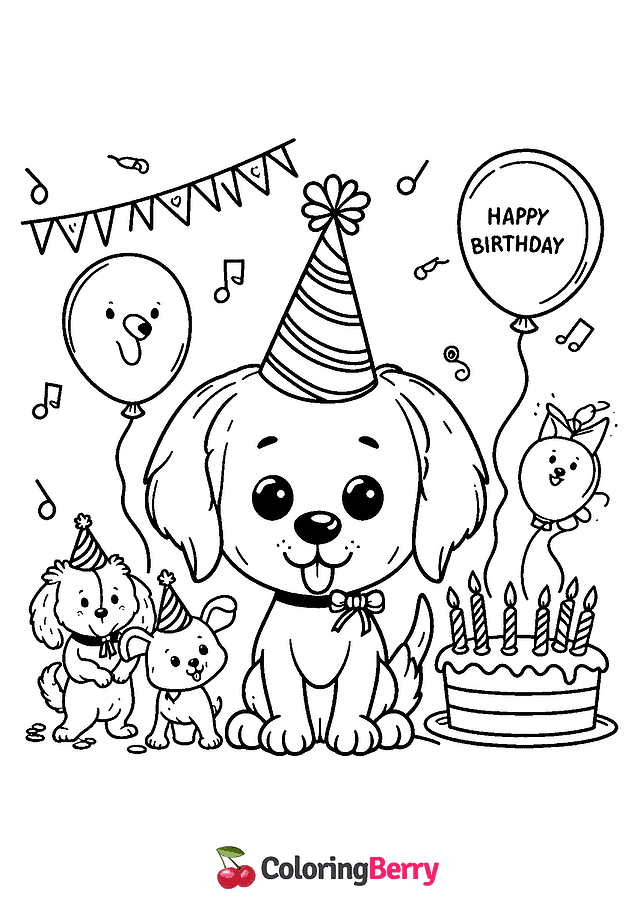 Dog Happy Birthday Coloring Page