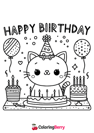 Happy Birthday Cat Coloring Page