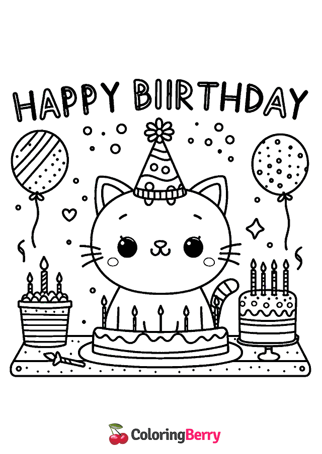 Happy Birthday Cat Coloring Page