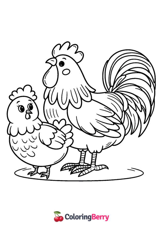 Hen and Rooster Coloring Page