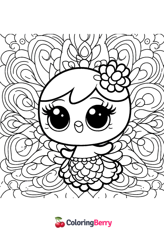 Kawaii Peacock Coloring Page