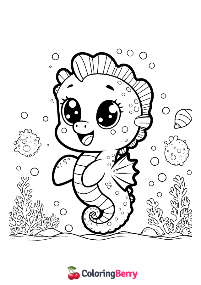 Kawaii Seahorse Coloring Page