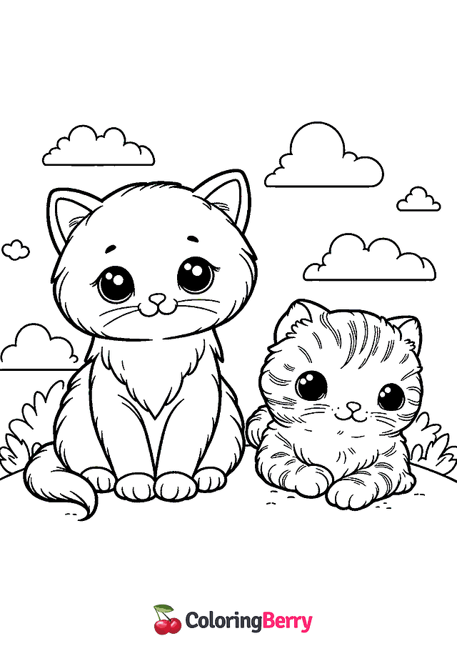 Kitten and Cat Coloring Page